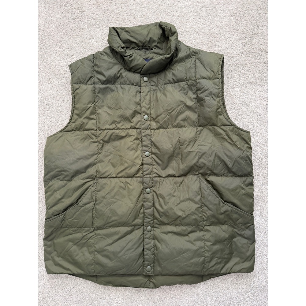 Lands End Mens Olive Green Goose Down Puffer Vest Large Quilted Snap Front